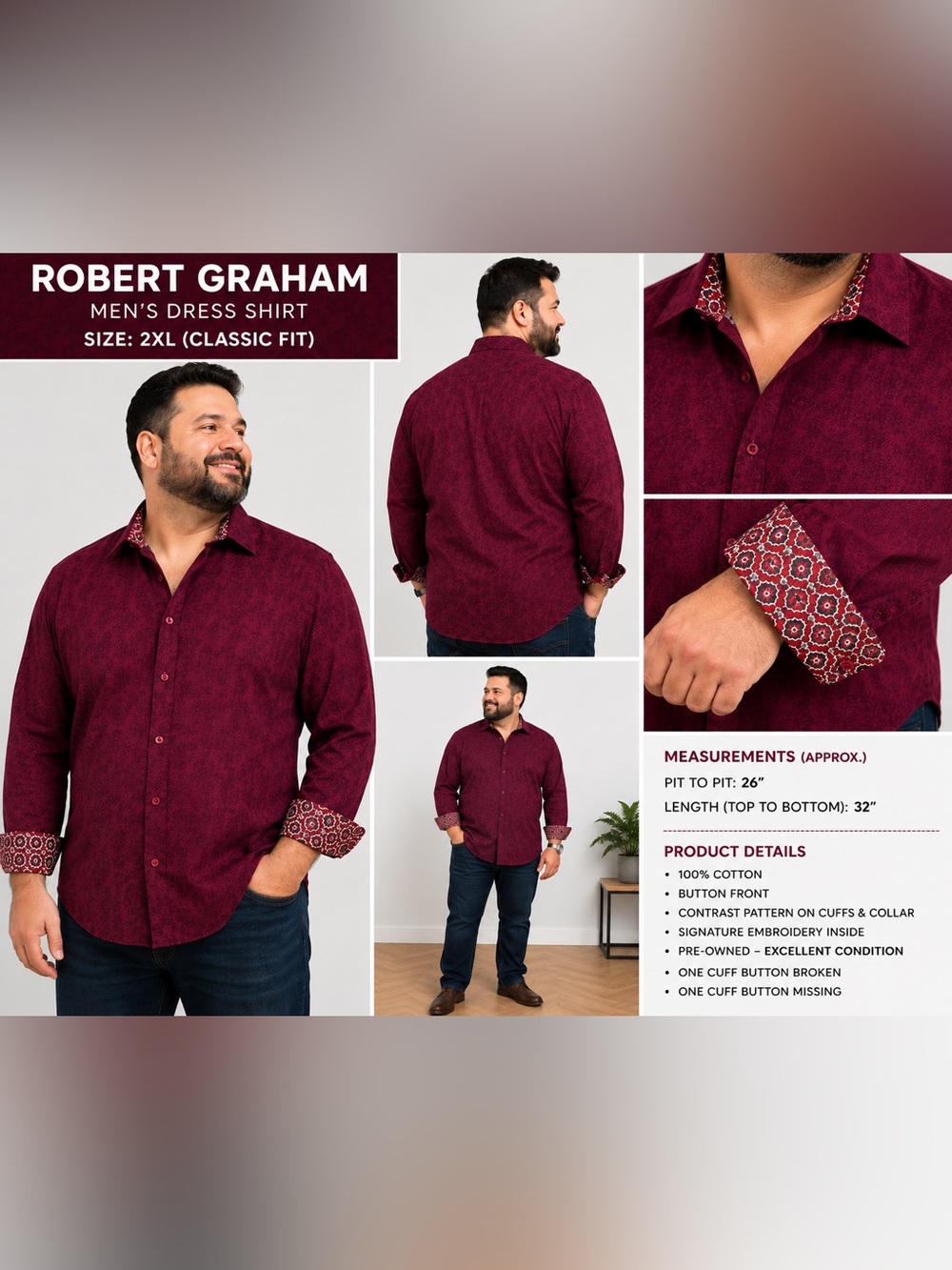 Robert Graham Men’s 2XLT Tall Burgundy Jacquard Long Sleeve Dress Shirt Cotton